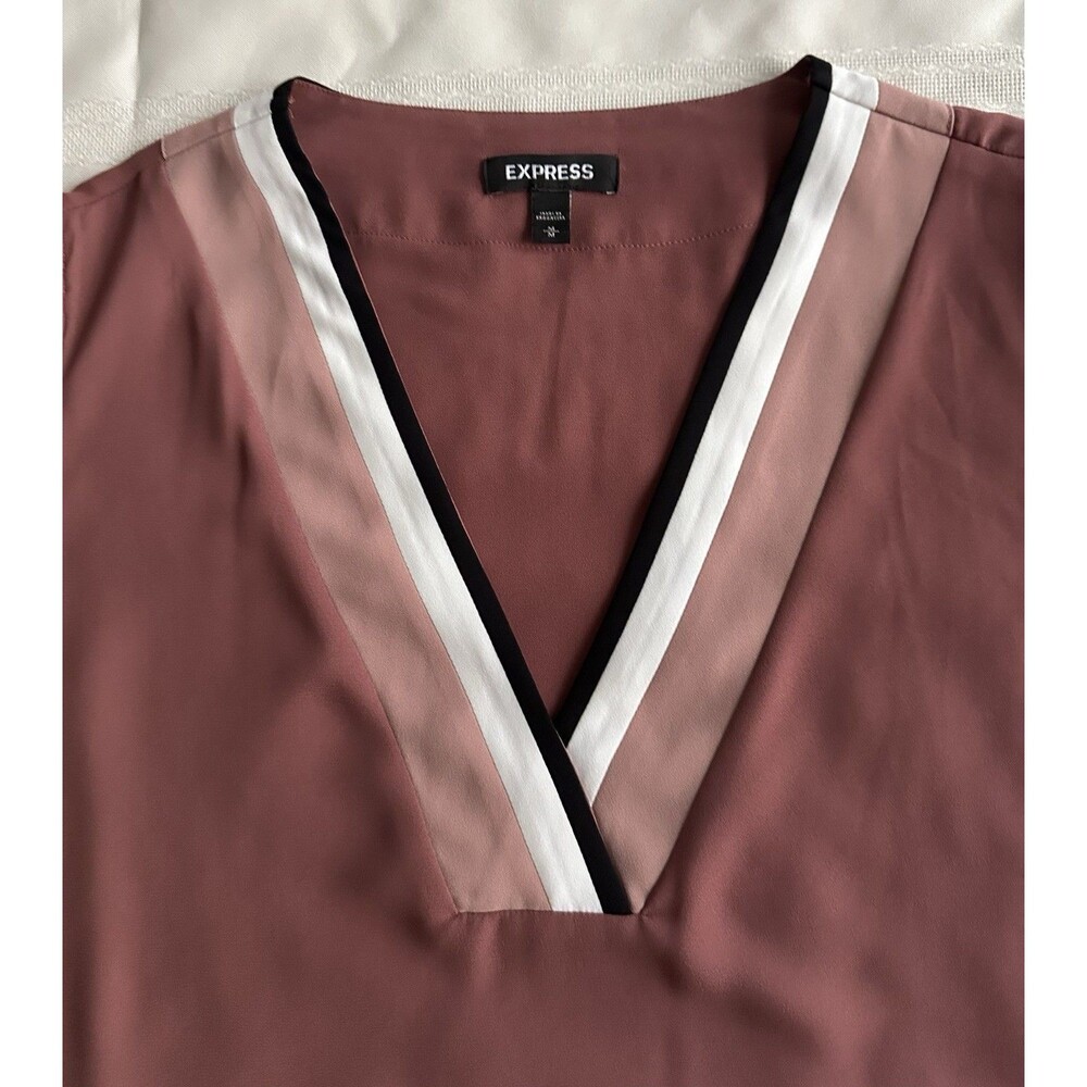 Express Women's Color-Block V-Neck Blouse - Size M - Mauve Taupe- Long Sleeve - Picture 14 of 16